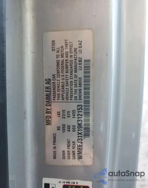 2009 Smart Fortwo Pure z USA, uszkodzony, nr VIN WMEEJ31X19K312153